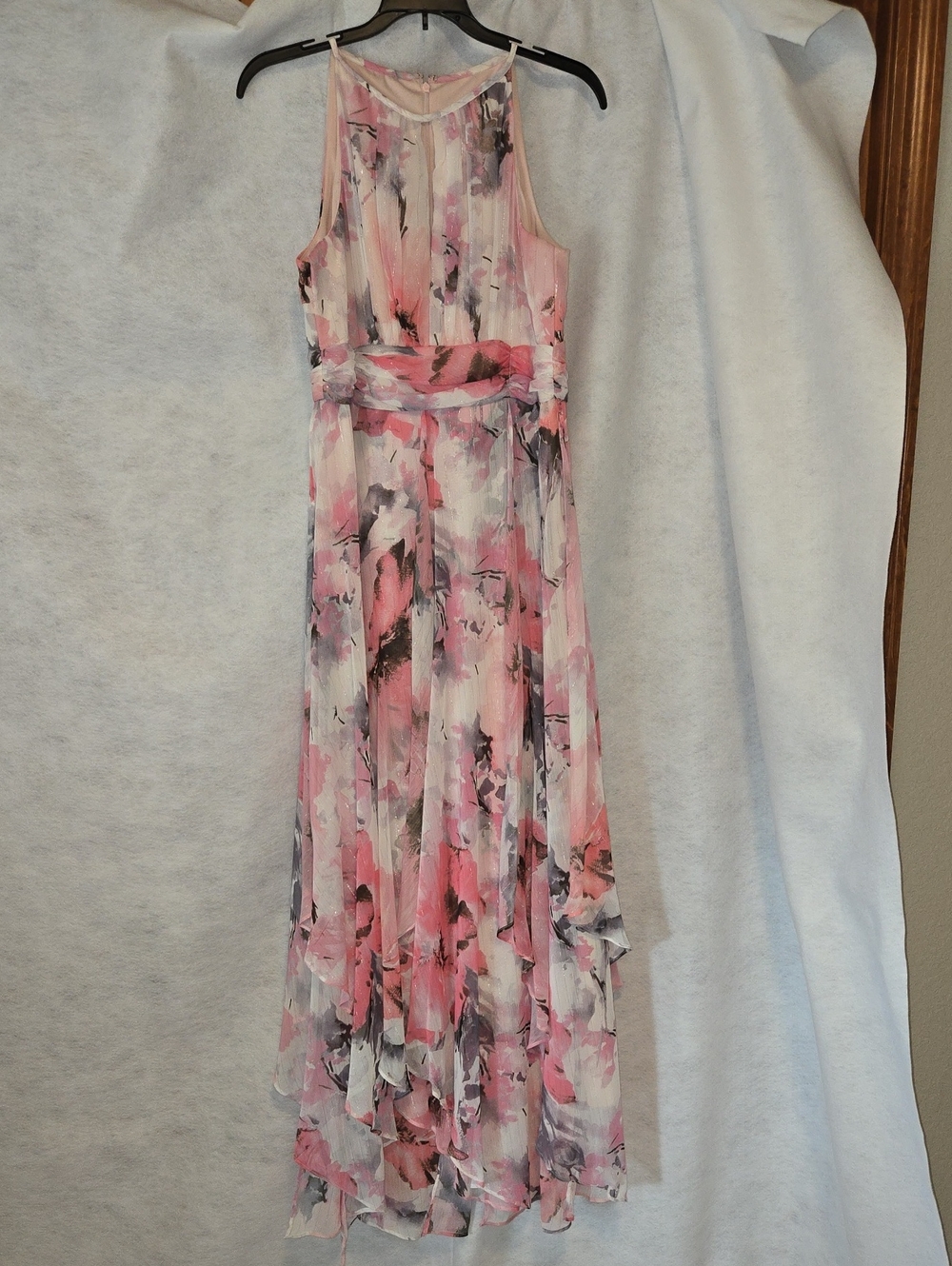 R&M Richards Pink and Gray Floral High-Low Chiffon Dress